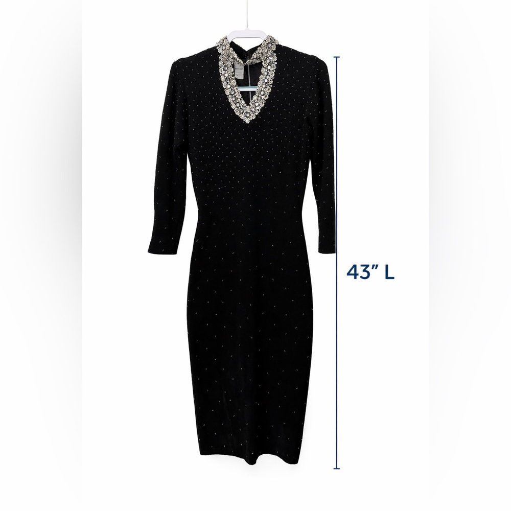 1950s Gene Shelly vintage Black Long Sleeve Dress Embellished Neckline. Wool